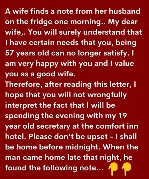 A wife finds a note from her husband