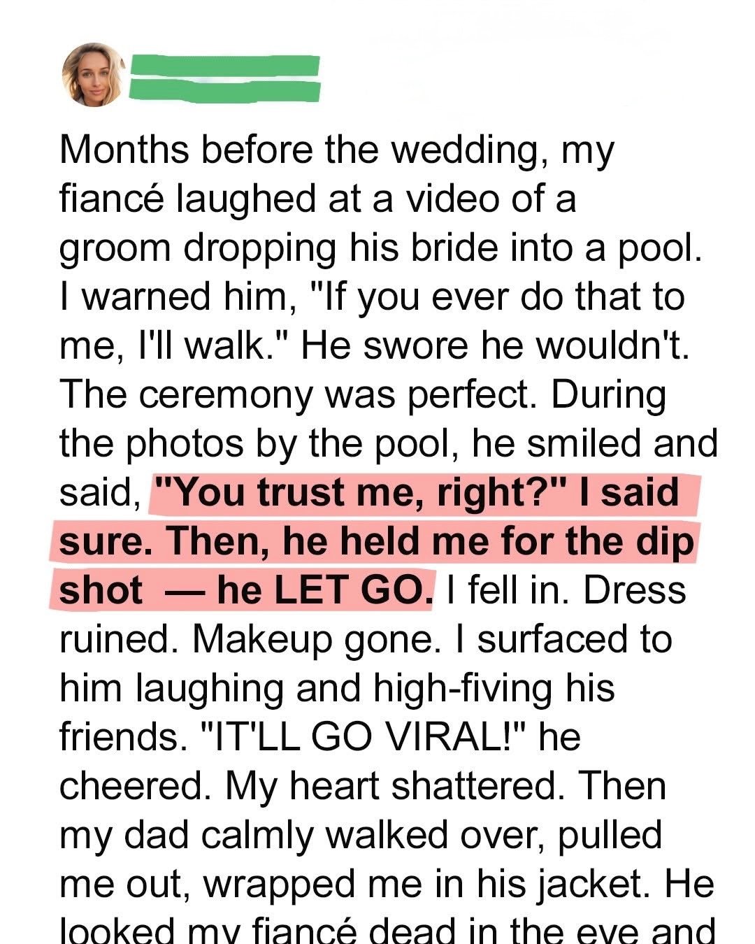 My Groom Deliberately Threw Me into the Pool During Our Wedding Photoshoot – My Dad’s Response Left Everyone Speechless