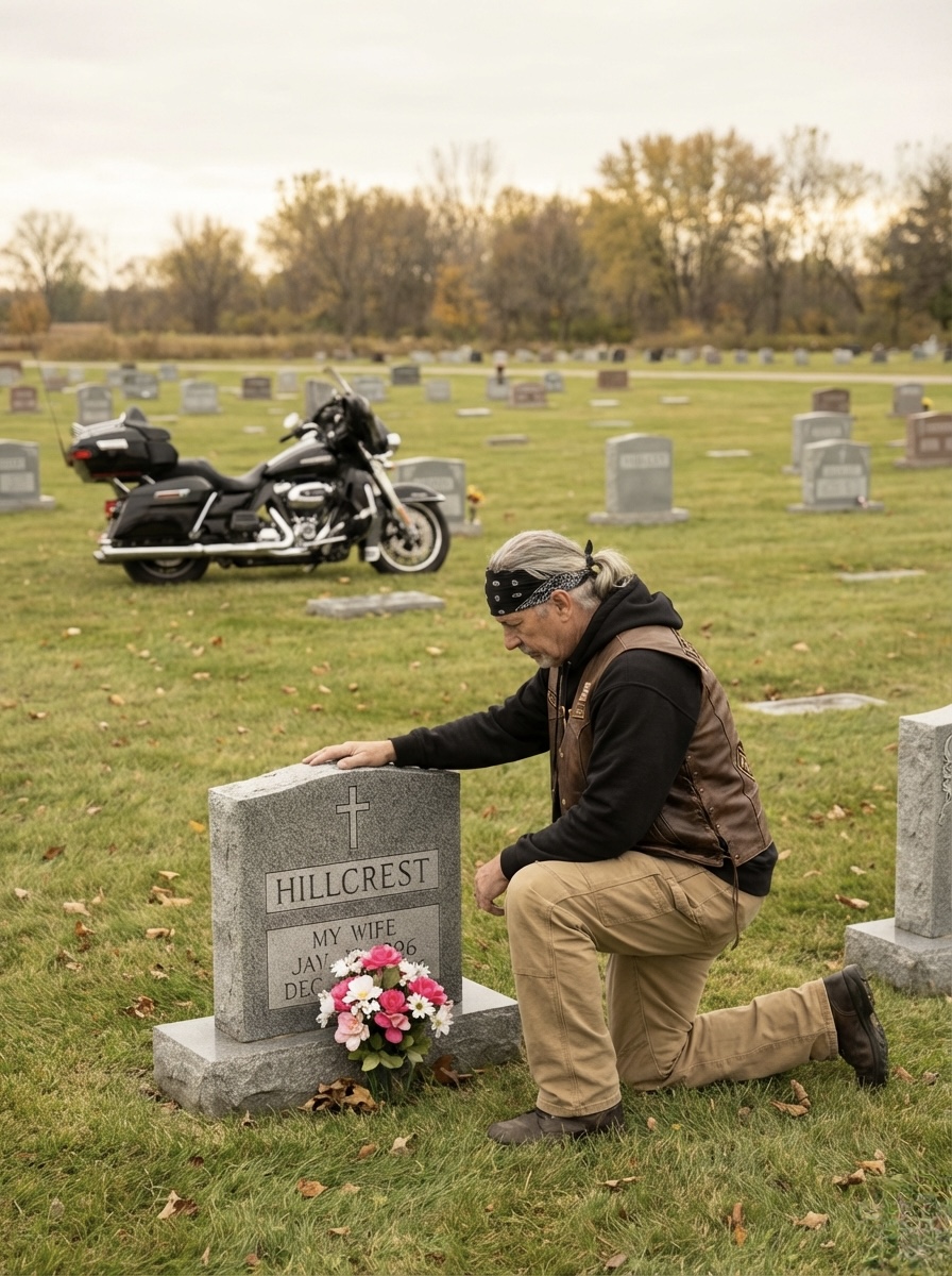 When a Leather-Clad Biker Knelt at My Wife’s Grave Every Saturday at 2:00, I Demanded Answers—What He Revealed About Her First Love Rewrote Our Entire Marriage